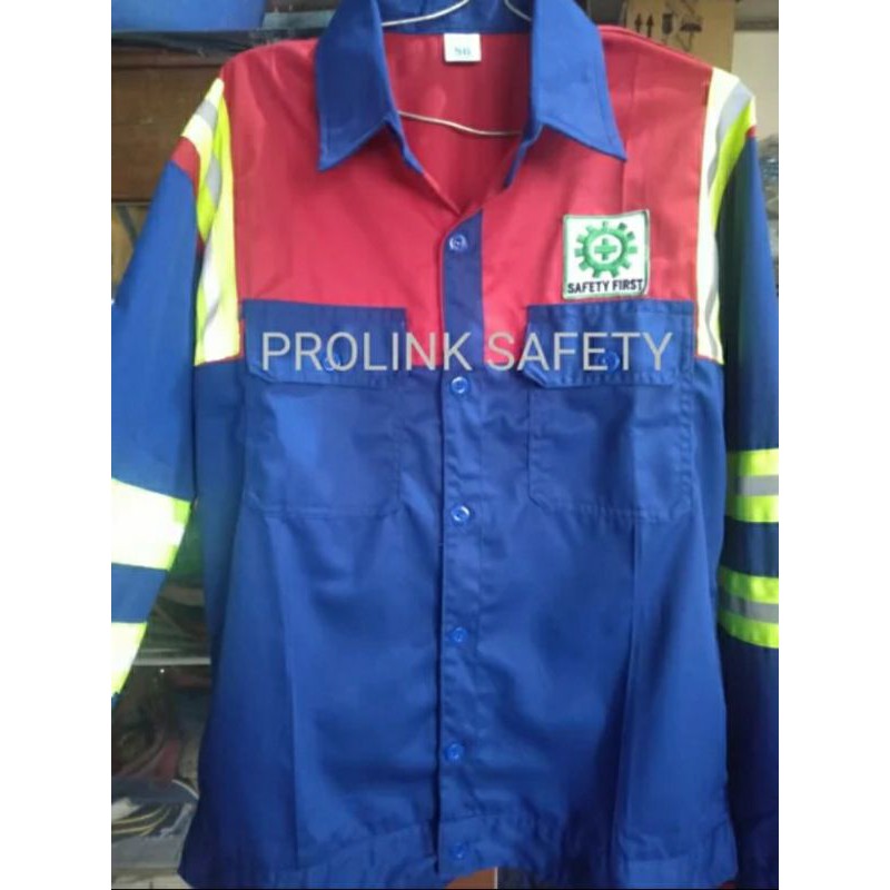 SERAGAM BAJU SAFETY BIRU KOMBINASI MERAH SCOTLIGHT HIJAU 5CM