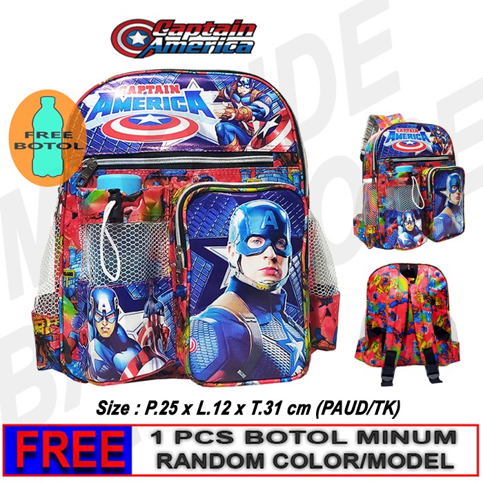 Tas Ransel anak Sekolah PAUD/TK karakter CAPTAIN AMERICA free botol // Tas ngaji CAPT. AMERICA