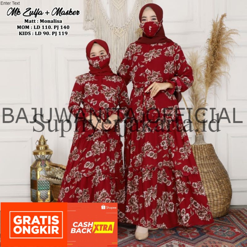 Baju Gamis Couple Ibu dan Anak Perempuan Wanita Muslim Terbaru 2021 Set Kerudung Zulfa KID Kekinian