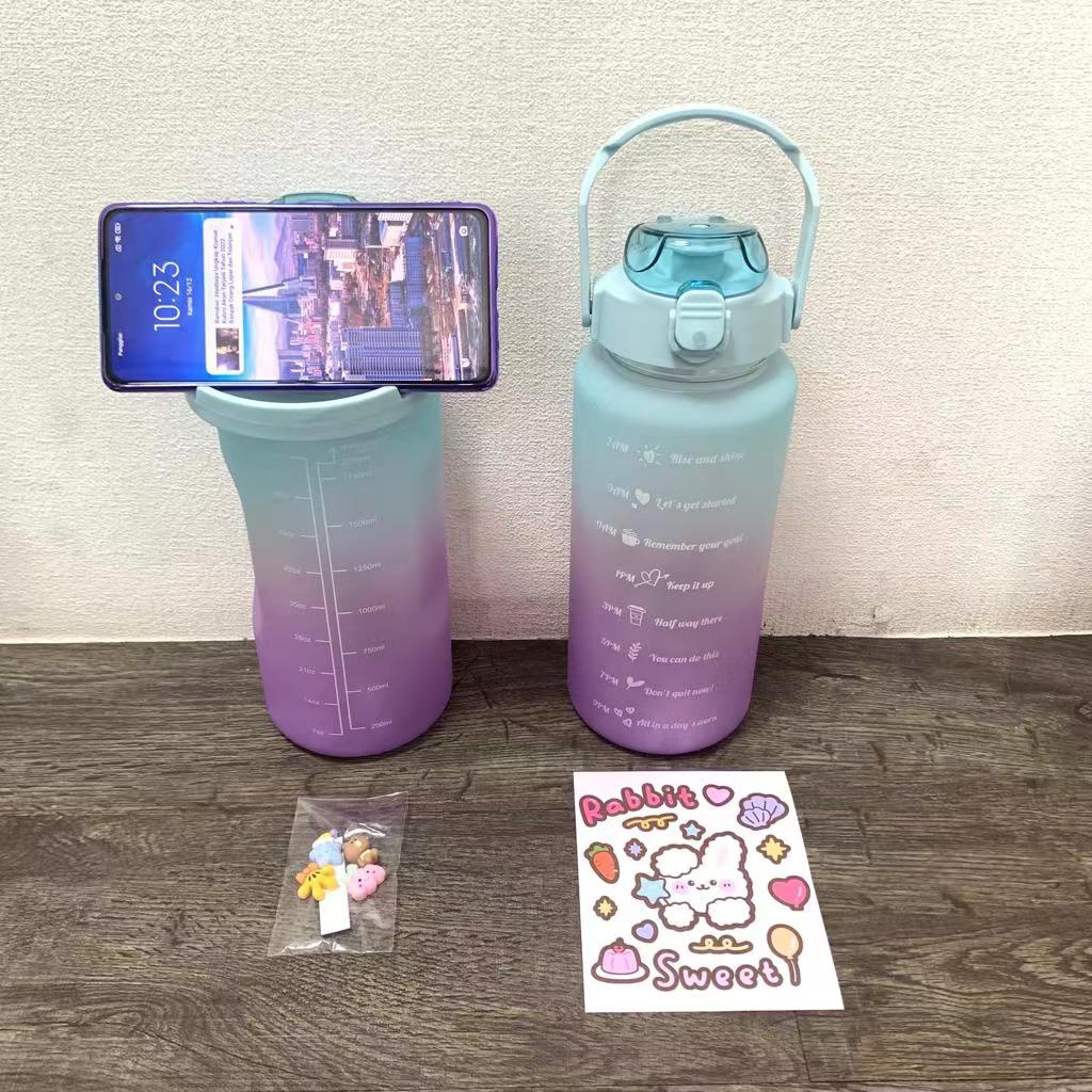 Botol Minum 2 Liter 2000ML VIRAL 2L Korea Kekinian Lucu Unik Warna Gradasi WITH STIKER-6