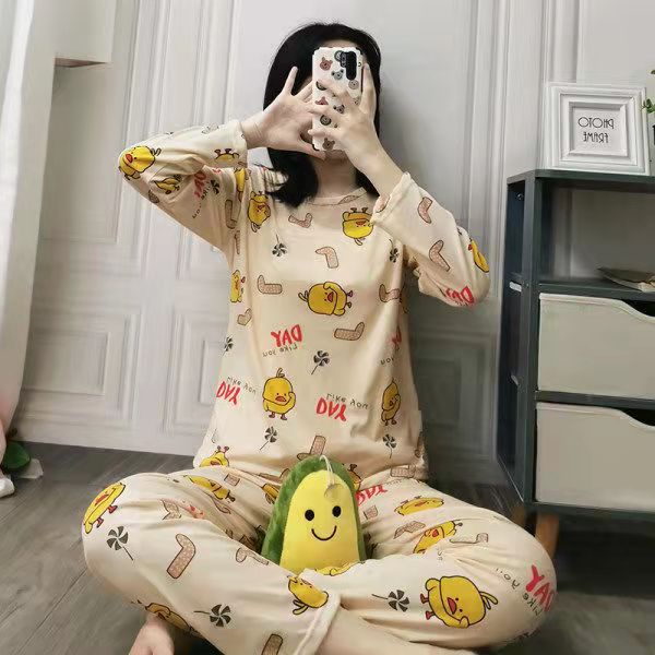 Setelan Lengan Panjang Piyama Baju Tidur Wanita Kartun Karakter Pajamas Dewasa set Piama Wanita-L Duck