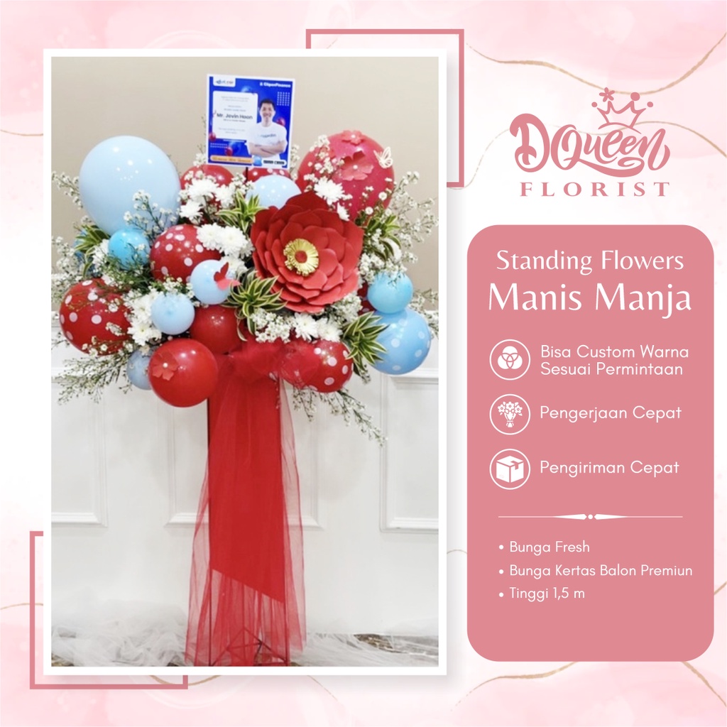 Standing Flowers Manis Manja Stending Flower Bucket Buket Bunga Ucapan Selamat Hadiah Happy Birthday Wedding Lamaran Wisuda Ulang Tahun Peresmian Grand Opening Natal Papan Karangan Duka Cita Belasungkawa 100% Asli Fresh