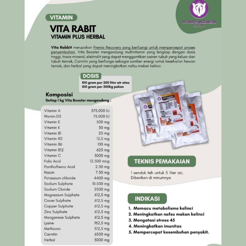 VITAMIN KELINCI VITA RABBIT 100 gr | Multivitamin Penambah Nafsu Makan dan Mempercepat Penyembuhan Penyakit Pada Kelinci | Apoternak