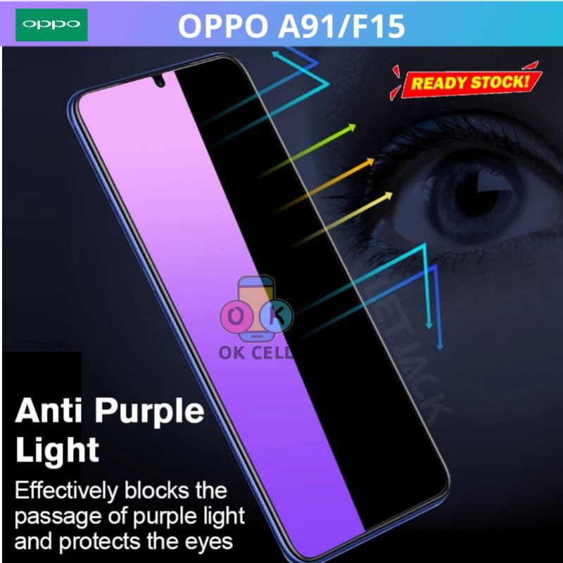 Tempered Glass Blue Light Oppo F15 A91 - TG Anti Gores Radiasi Full Layar Screen Protector Premium