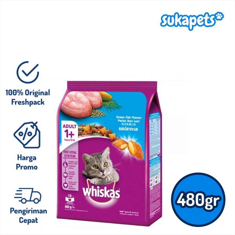 Whiskas Adult Cat Ocean Fish Dry Food Makanan Kucing Kering 480gr