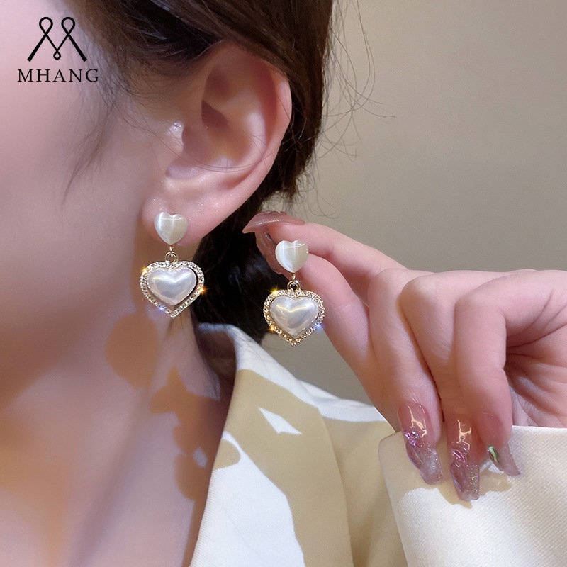 Romance Anting Tusuk Silver S925 Desain Hati Hias Mutiara Berlian Gaya Perancis Untuk Wanita