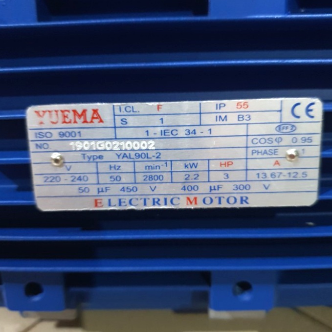 dinamo pengerak electro motor yuema 3hp/2pole/1phase/b3