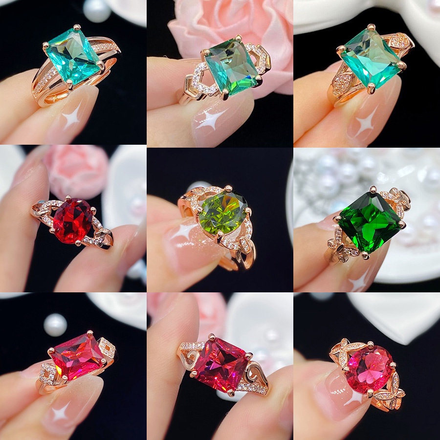 Ruby Zamrud Cincin Kristal Berlian S925 Perak Mawar Emas Perhiasan Fashion Wanita Pertunangan Pernikahan Rings