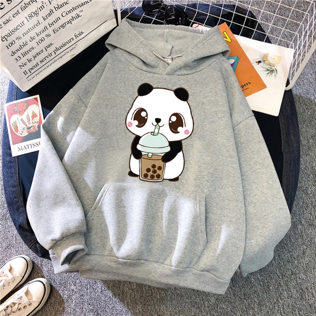 Hoodie Sweater Wanita Anime Kartun Panda Jaket Cewek Kekinian Oversize Murah Tebal Import Bisa Cod-Abu-abu