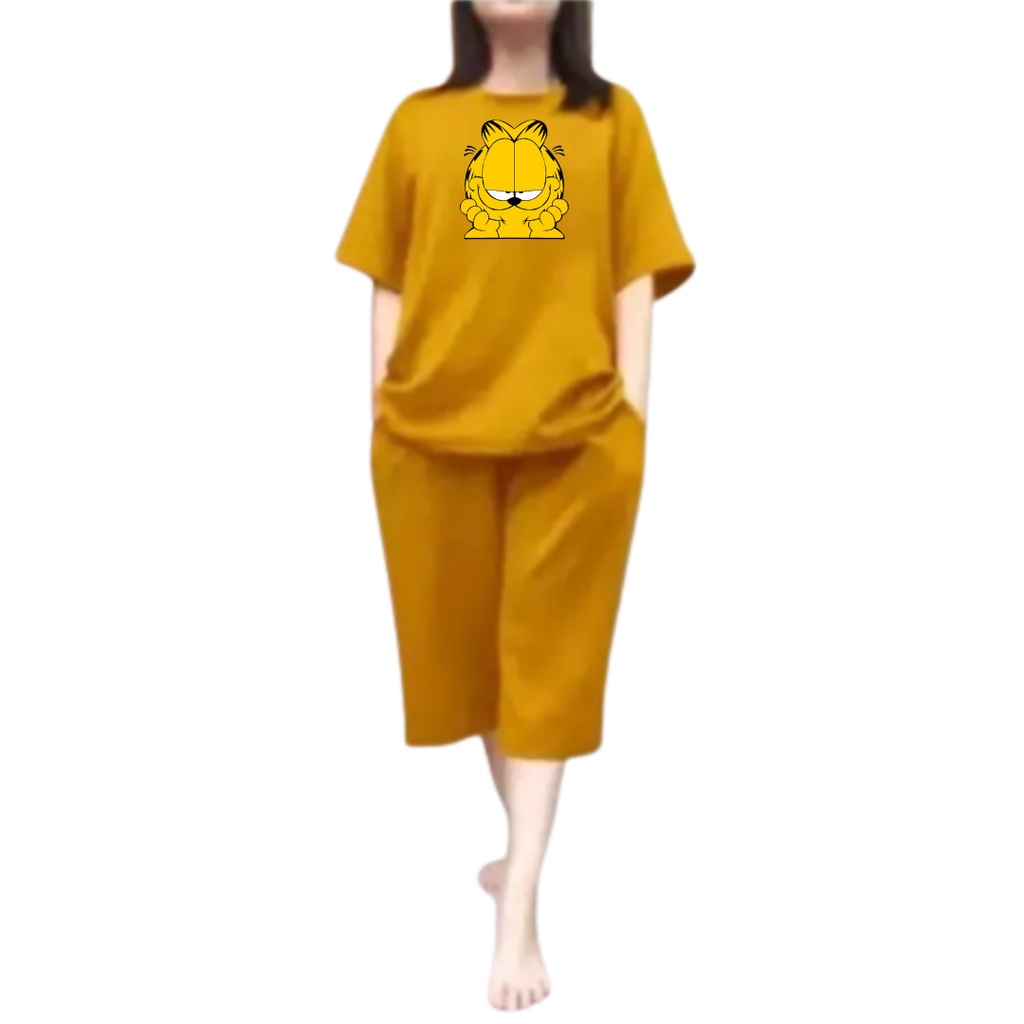 Setelan Wanita Kaos Oversize Kucing Garfield Pendek Kulot Jumbo LD 110