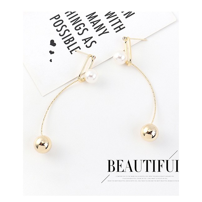 LRC Anting Tusuk Fashion Golden Tassel Pearl Geometric Cutout Earrings Y63203