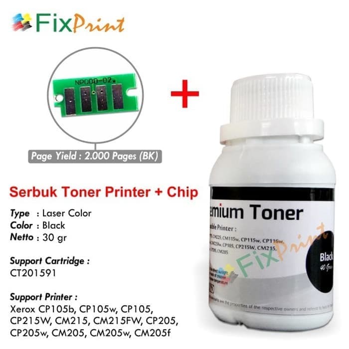 

Serbuk + CHIP Toner Refill Xerox CP105 CP205 CM215FW Magenta 2000 Page FSB2482