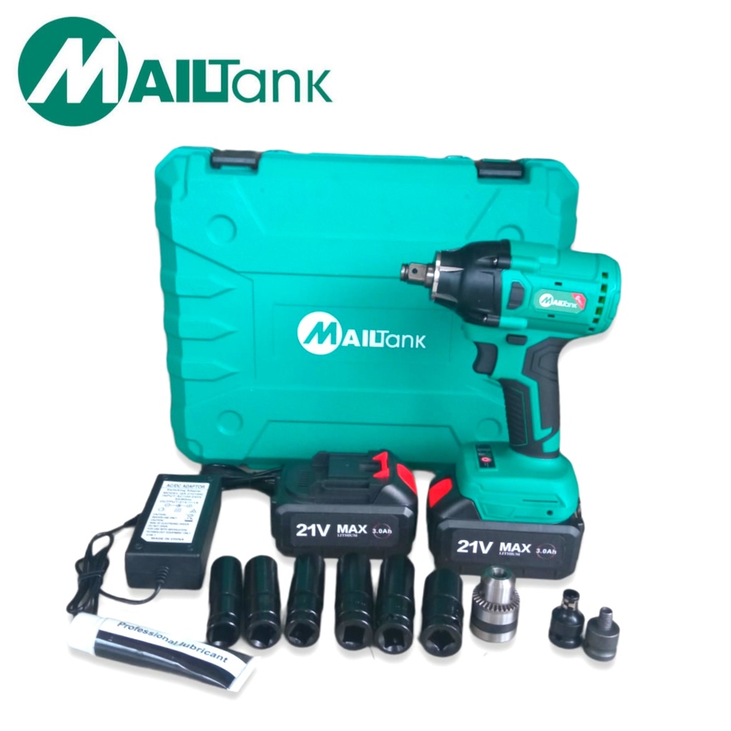 MAILTANK MESIN IMPACT WRENCH PEMBUKA BAUT MUR / CORDLESS IMPACT 21 VOLT PLUS AKSESORIS PELENGKAPNYA