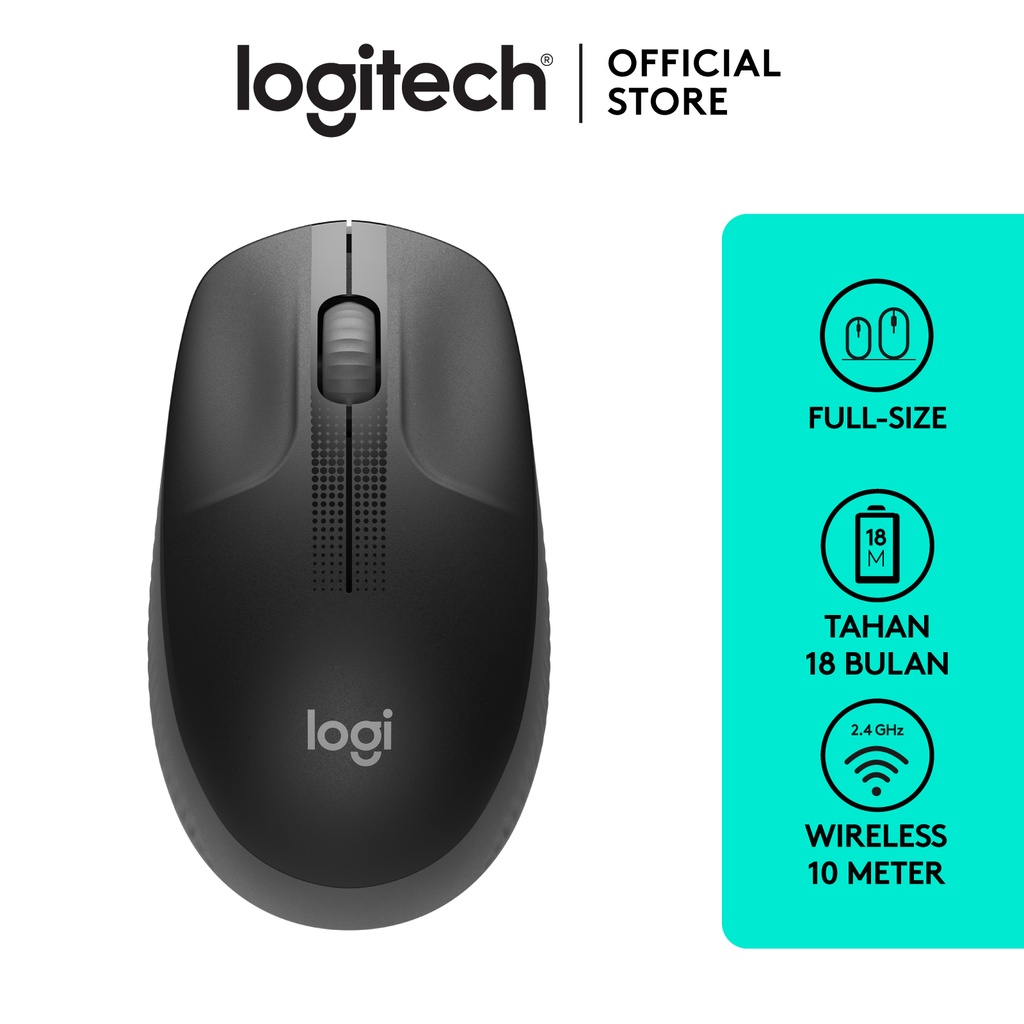 Logitech M190 Mouse Wireless Full Size untuk Windows, Mac, Chrome OS & Linux - Charcoal