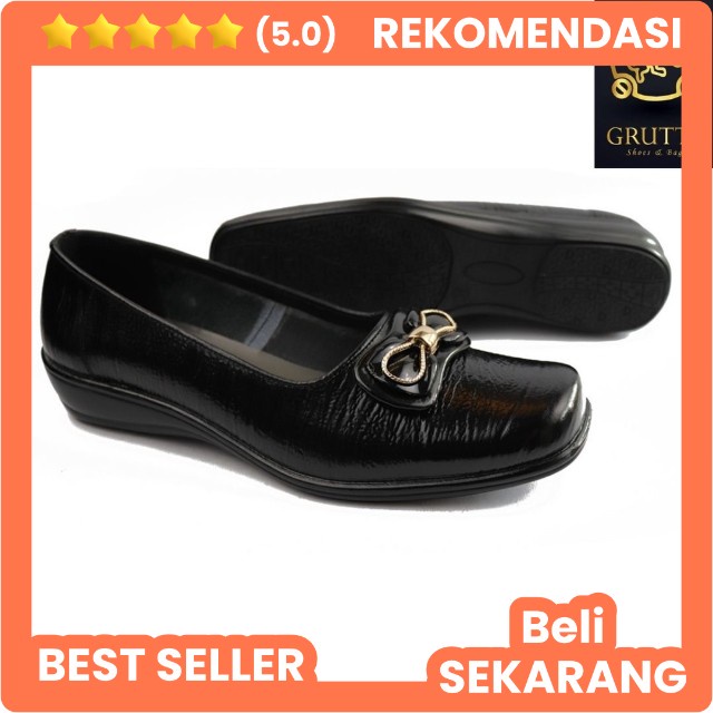 Grutty Sepatu Wanita Pantofel Kerja Kantor Model Flat Shoes Kulit Asli Hitam