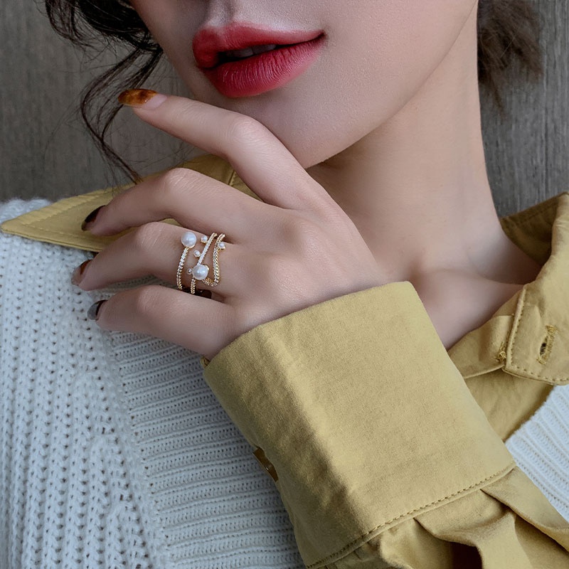 Cincin Model Terbuka Desain Bunga / Bintang / Mutiara / Berlian Imitasi Gaya Simple Untuk Wanita