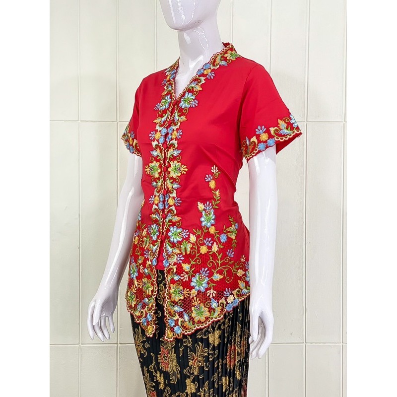 ESW01 - Daliyu KEBAYA ENCIM LENGAN PENDEK BORDIR WARNA Katun Stretch / S M L XL-Merah