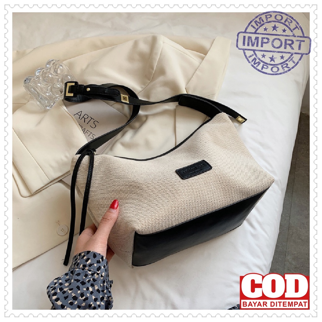 TAS BAHU WANITA IMPORT VB3384 TOTEBAG BAHAN KAIN KANVAS TEBAL PEREMPUAN FASHION TAS SIMPEL DAN SEDER
