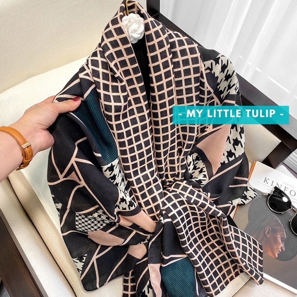 Syal Wanita Pasmina Keren Motif Hijab Hitam Motif Halus Viscose Sutra