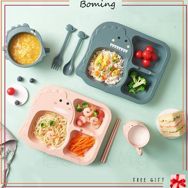 6Pc/Set Baby Cutlery Set Child Cute Cartoon Divided Grid Drop Resistant Plate Fork Spoon Combination Cup Set