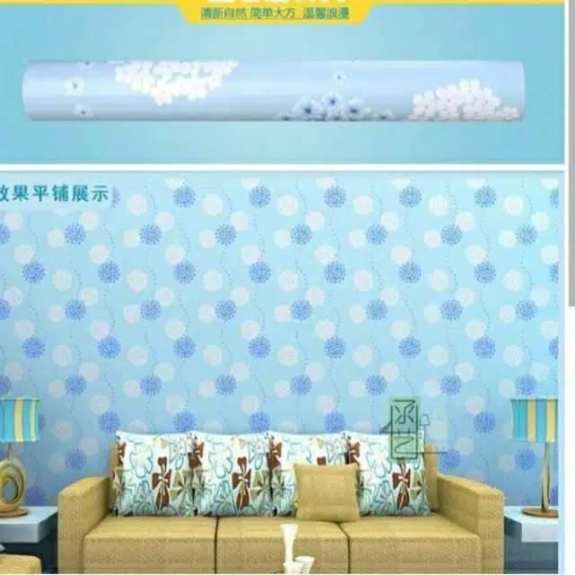 Wallpaper dinding polkadot bunga biru 45cm x 10m