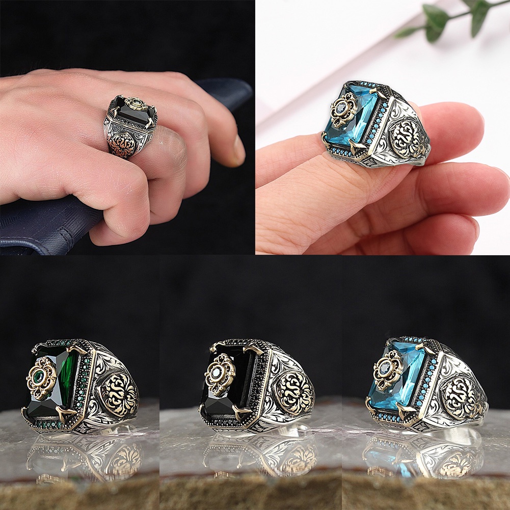 Cincin Handmade Gaya Vintage Turki Bahan Zirkon Warna Hitam Untuk Pria Muslim