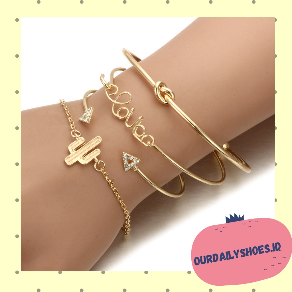 ★ODS★ 4 Pcs Set Gelang Wanita K12 Segitiga Simpul Cinta Surat Kaktus / 4Pcs Gelang Fashion Wanita 1 set