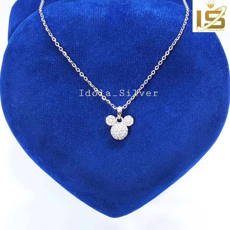 KALUNG PERAK DEWASA ASLI SILVER WANITA 925 LAPIS EMAS PUTIH MODEL LIONTIN MICKEY PERMATA - PERHIASAN PERAK WANITA ASLI