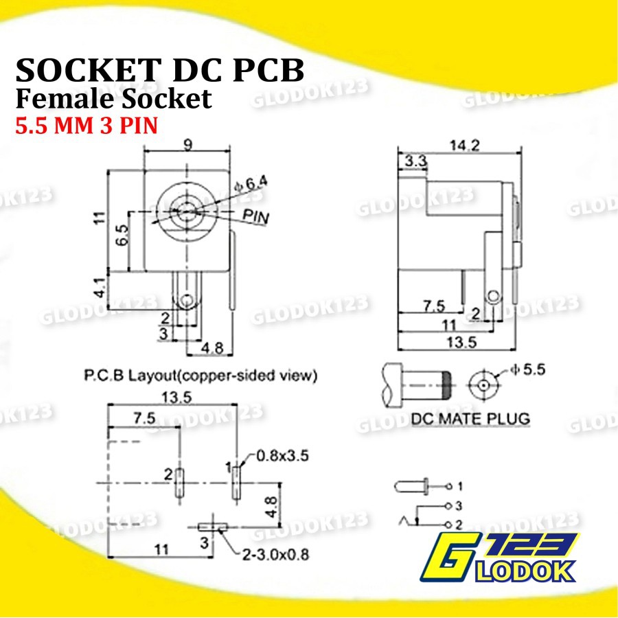 Socket DC In 5.5 mm 3 Pin Female PCB Connector PCB Mount DC Jack