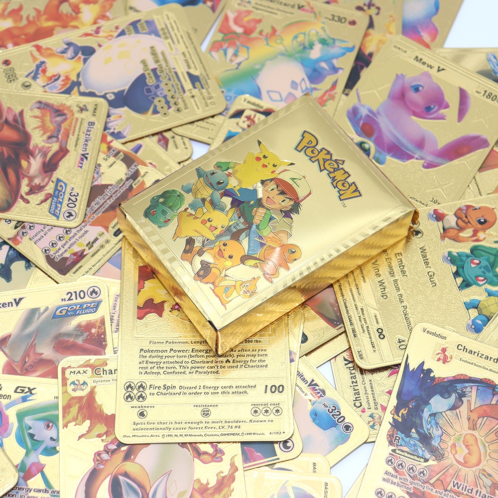 Mainan Kartu Pokemon Bahan Metal Warna Emas