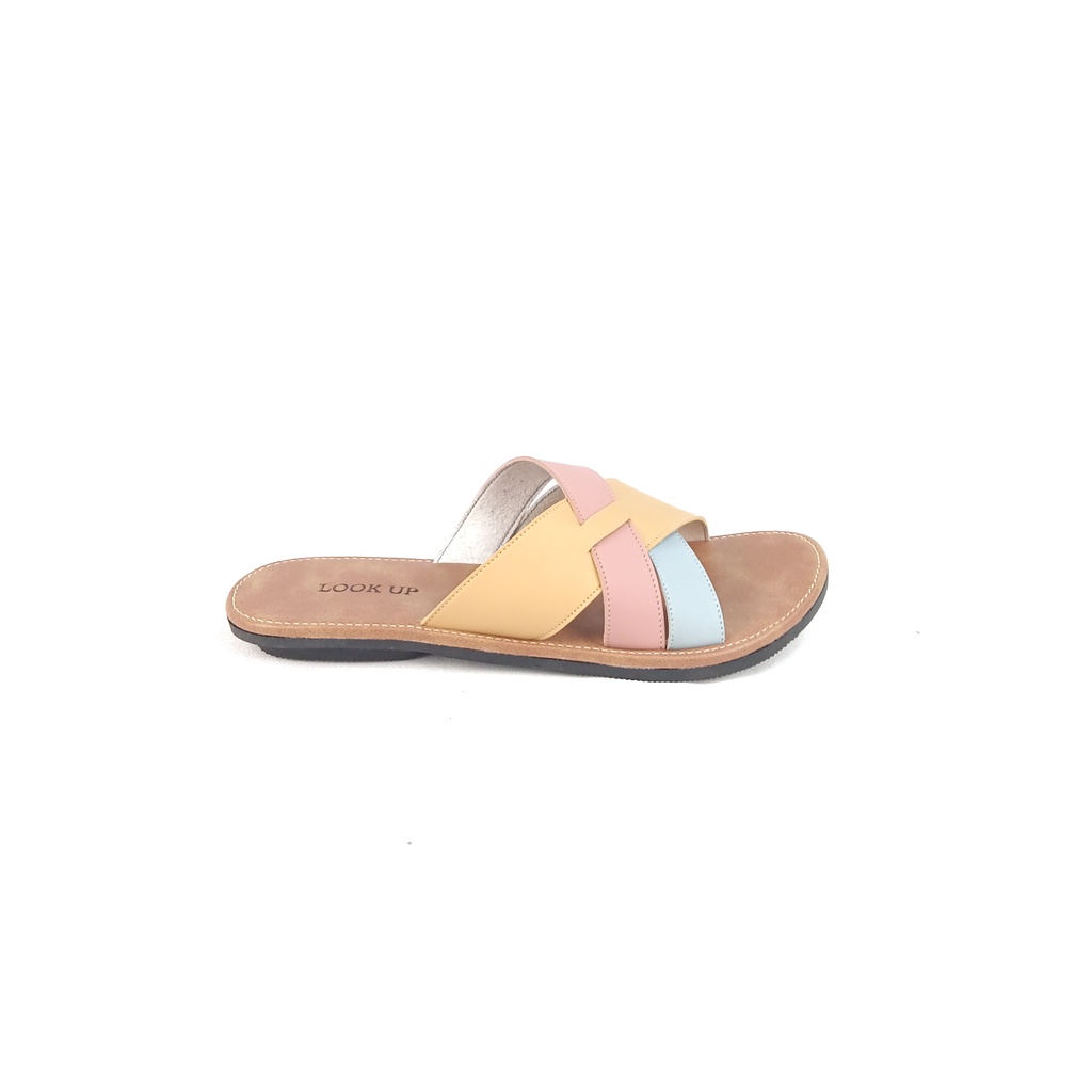 Sandal Kulit Wanita Sandal Kekinian Sandal Slop Slide Wanita Flat Motif Kombinasi Sandal Wanita Terbaru Kekinian Look Up - RIKKA