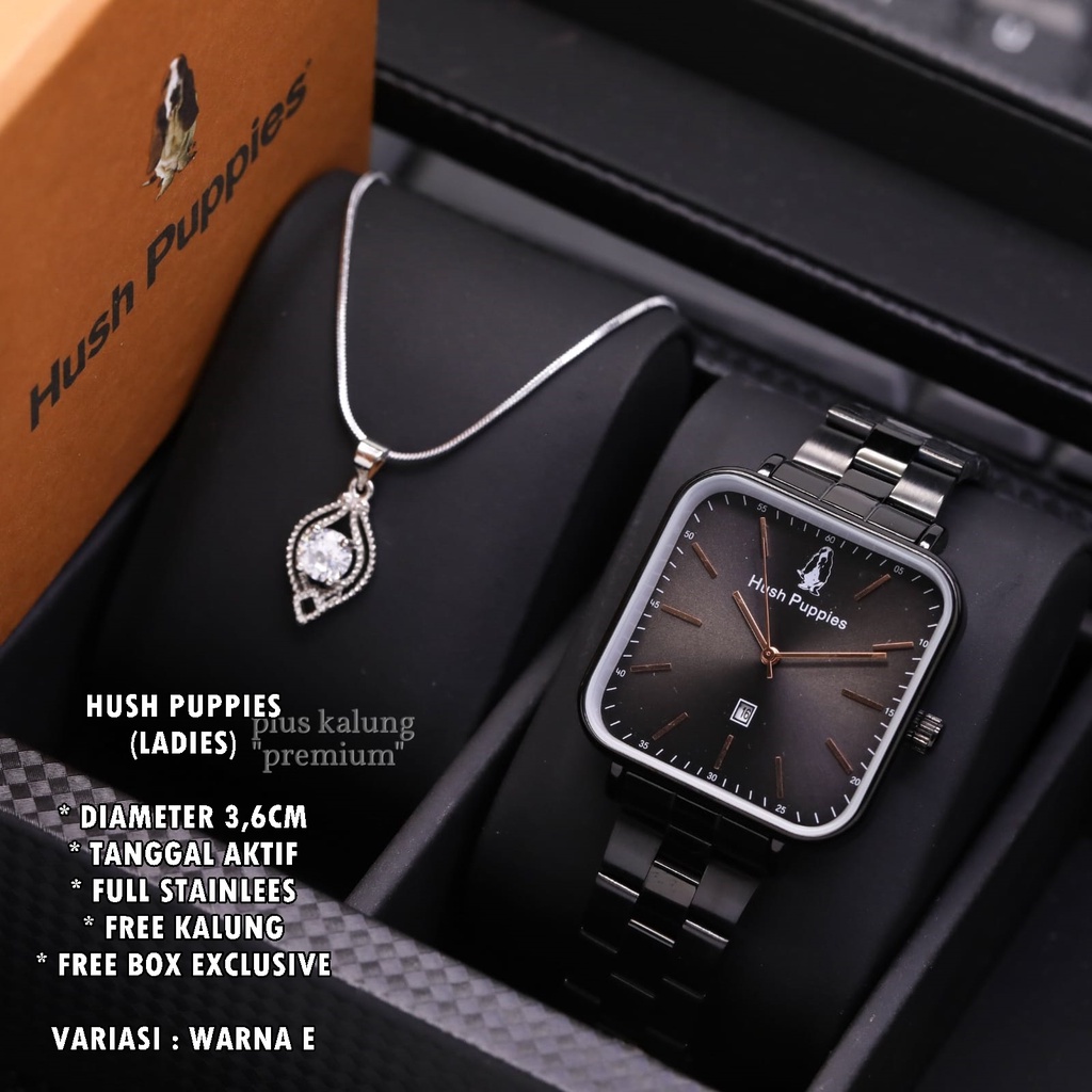 (BISA COD) JAM TANGAN WANITA HUSH PUPPIES RANTAI BODY SEGI TANGGAL AKTIF FREE KALUNG