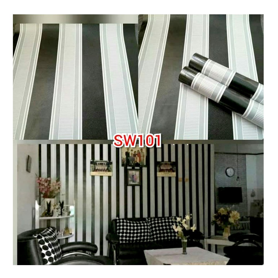 Gudang Wallpaper Dinding Kamar Tidur Motif Salur Hitam / Anti Air 45 CM x 10 Meter Bahan PVC Premium Anti Air