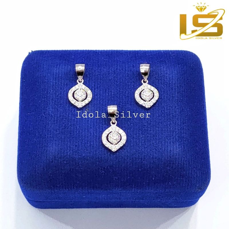 LIONTIN PERAK ASLI SILVER WANITA 925 LAPIS EMAS PUTIH MODEL OVAL PERMATA KELILING - PERHIASAN PERAK WANITA ASLI