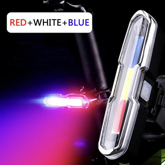 Lampu belakang sepeda 3 led warna merah biru putih usb 5 mode