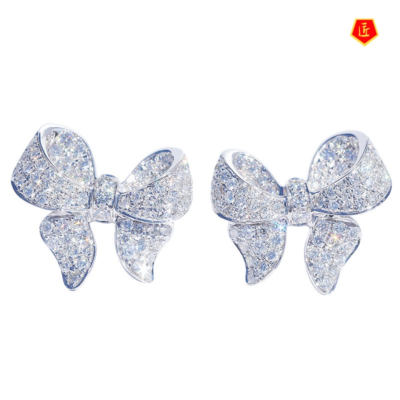 [Ready Stock]18K Platinum Bow Diamond Earrings for Women