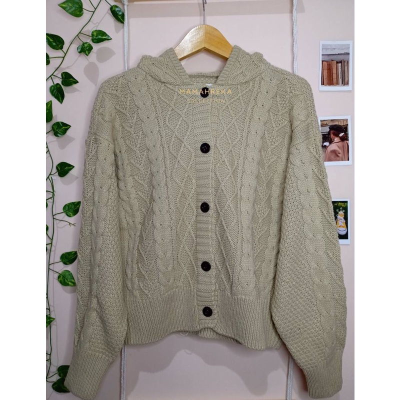 Cardigan Rajut Cable Hoodie Topi Kupluk Wanita Tebal Premium
