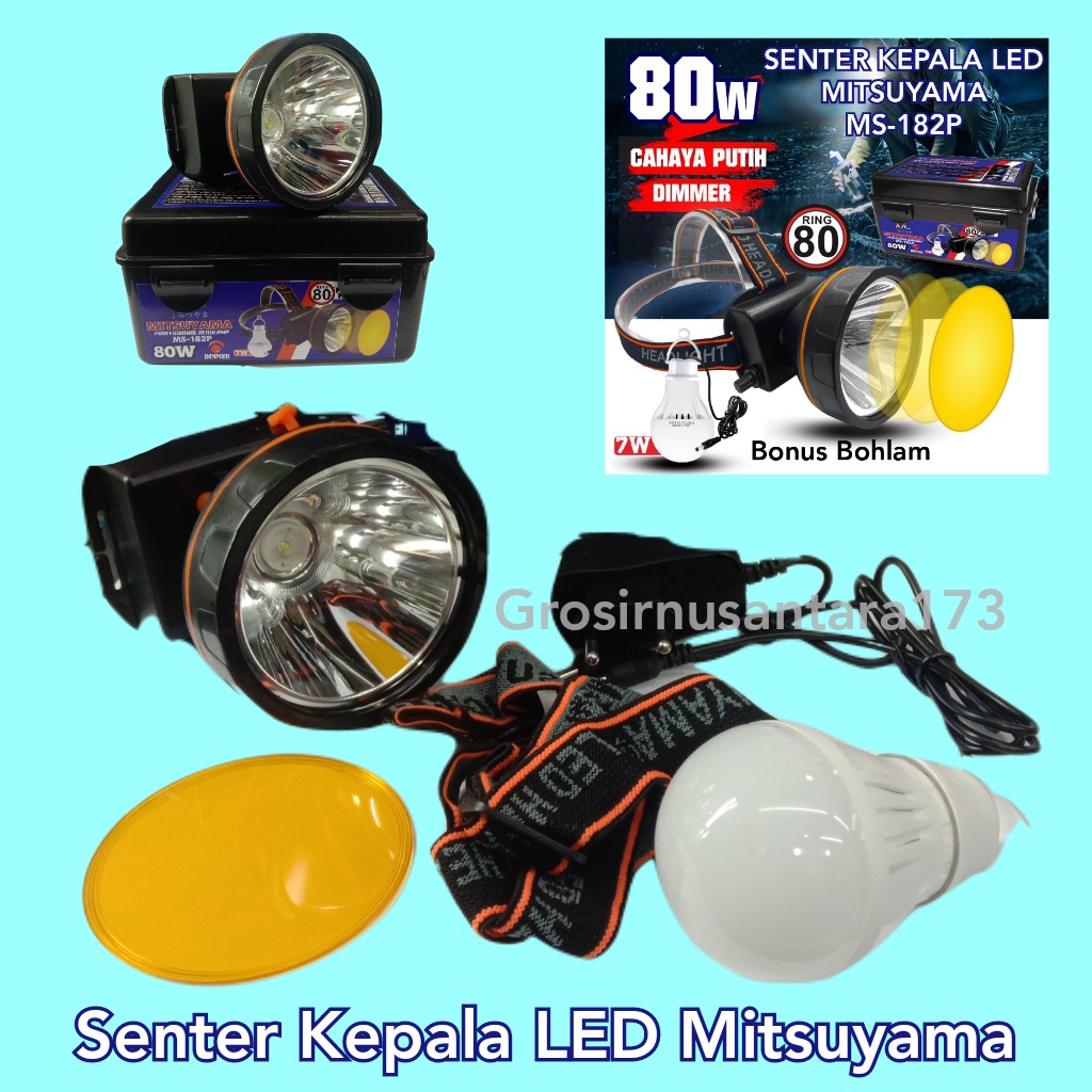 Mitsuyama Senter Kepala LED 80Watt Super Terang MS-182P Bonus Bohlam Rechargeable - Lampu Senter Kepala Murah - Headlamp with Dimmer BISA BAYAR DITEMPAT