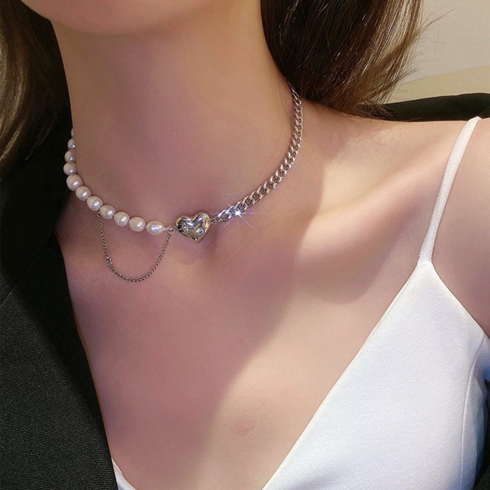 Natural Pearl Love Stitching Necklaces Female Hip-hop Punk Clavicle Chain Summer Simple Accessories Choker