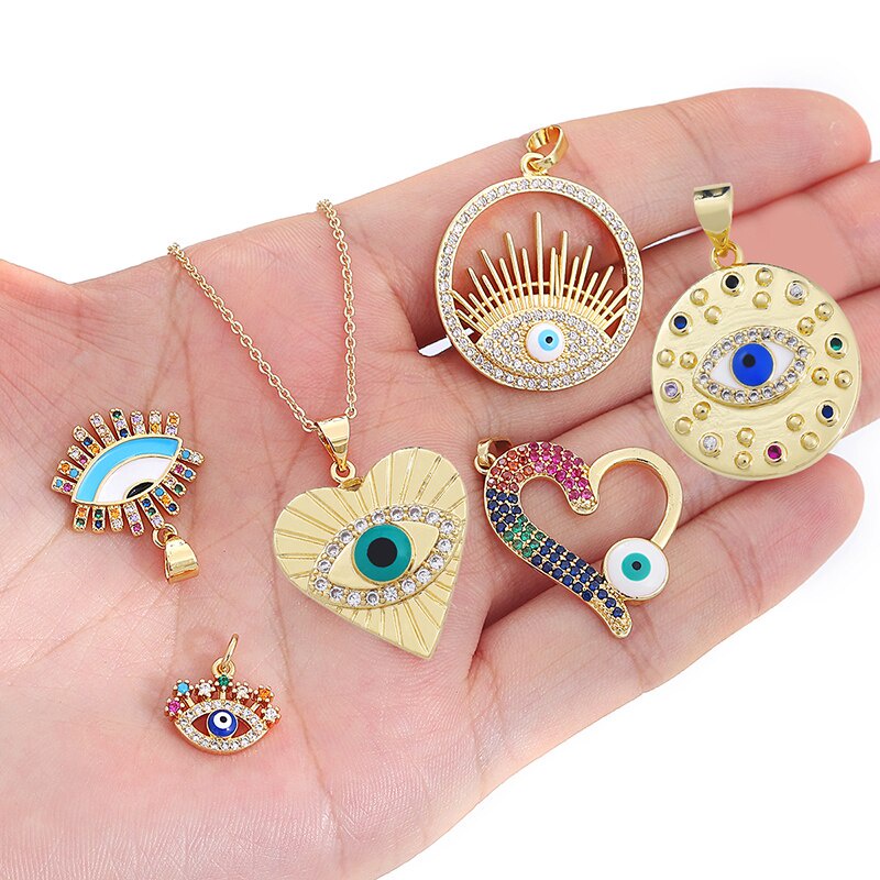 1pc Kristal Zirkon Berlapis Emas Tangan Fatima Salib Yunani Evil Eye Enamel Charms Untuk Membuat Kalung Gelang Liontin DIY