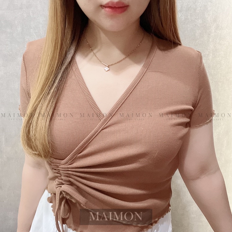 Rib Drawstring Vneck Top | Atasan Serut Samping Korean Fashion | Maimon Grosir