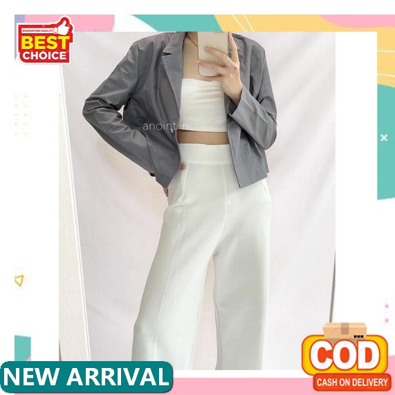 Blazer Korea Love Biru // Baju Atasan Wanita Blazer Katun Import Tartan Kotak Biru Renda Lace Bangko