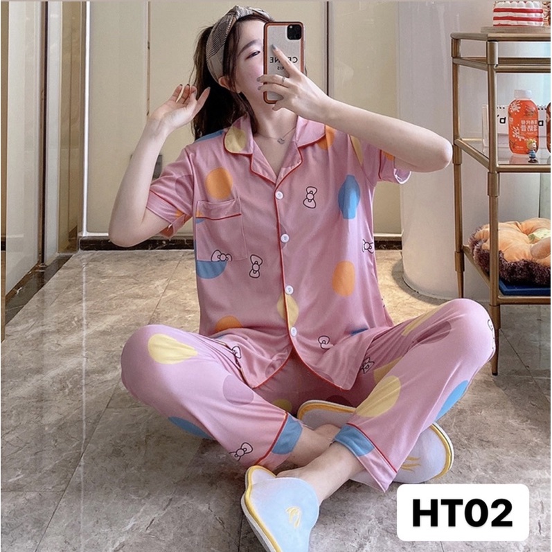 BAJU TIDUR PIYAMA SET KEMEJA CP LENGAN PENDEK CELANA PANJANG IMPORT PREMIUM BANYAK MOTIF Kode HT-1