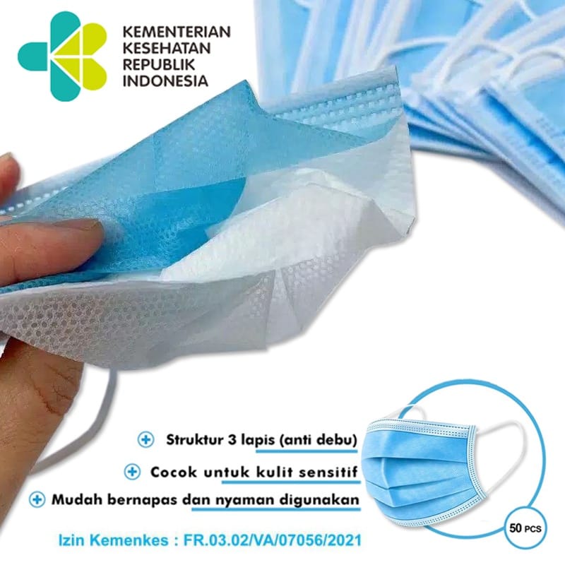 MASKER MEDIS DISPOSABLE PROTECTIVE 3 PLY EARLOOP PER BOX ISI 50 PCS