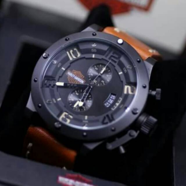 Jam Tangan Pria Sport Harley Davidson Chrono Original Garansi 1thn Black Leather Light Brown