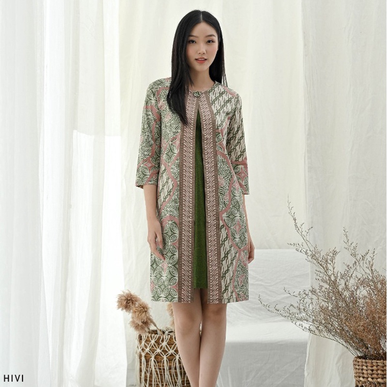 Evercloth Hivi Dress Batik Lengan Panjang Tunik Batik Couple Batik Modern Dress Wanita Slimfit Seragam Batik Blazer Muslim Sage Green