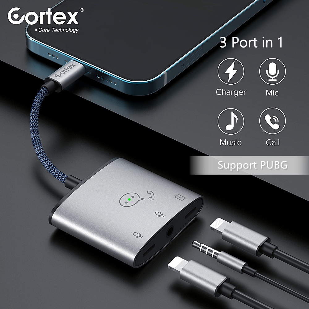 Cortex MH382 Splitter iPhone 3in1 Lightning to L + Jack 3.5 mm Converter Support PUBG Charge + Mic