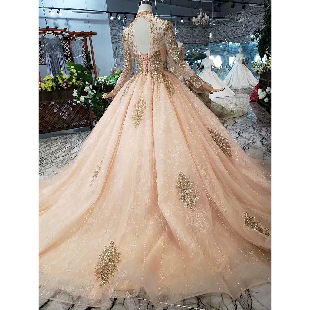 Emas Gaun Pengantin Lengan Panjang Muslim kerah tinggi Wedding Party Bridal Dress