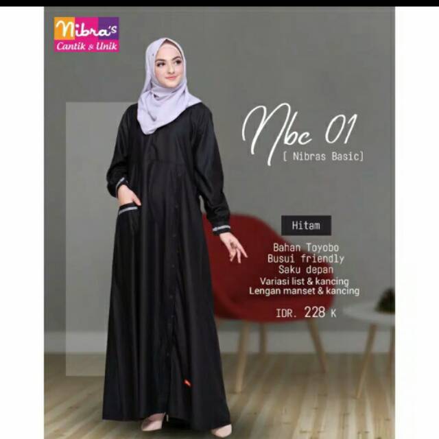 Gamis dewasa Nibras basic NBC 01  Hitam size M bahan Toyobo Polos cantik