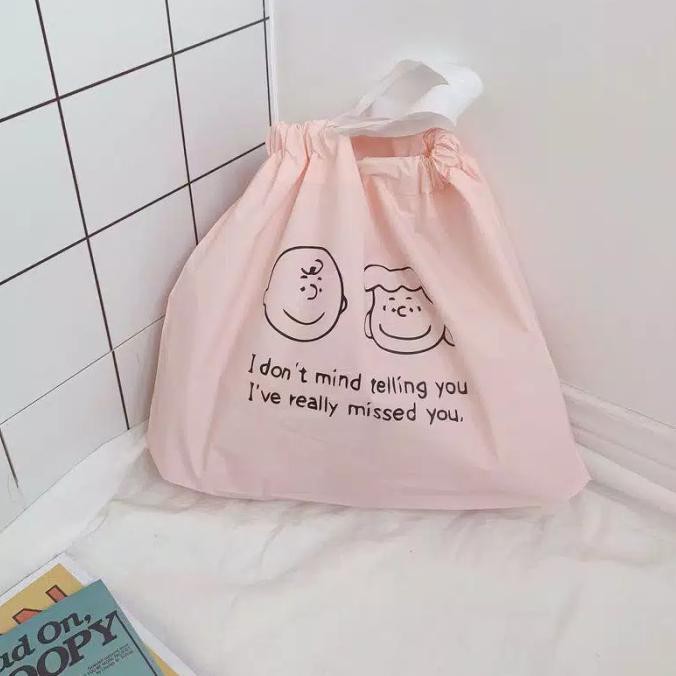 Hemat Tas Belanja Snoopy Lucu Tote Bag Shopping Pvc Reusable Tas Serut - Pink Trendi